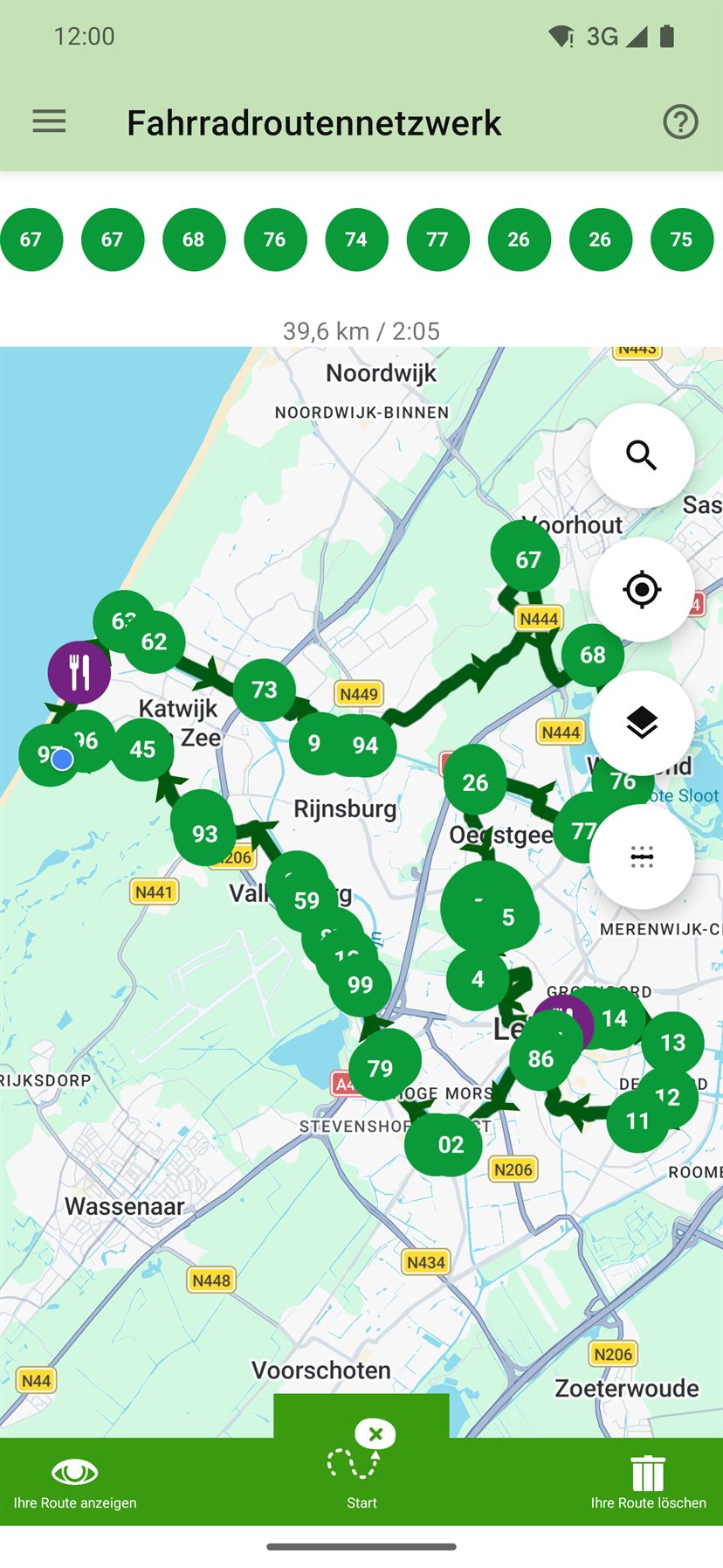 Die App mit einer über Knotenpunkte geplanten Route auf der Karte