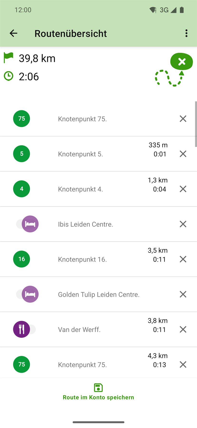 Routenübersicht mit Knotenpunkten und hinzugefügten Zwischenstopps