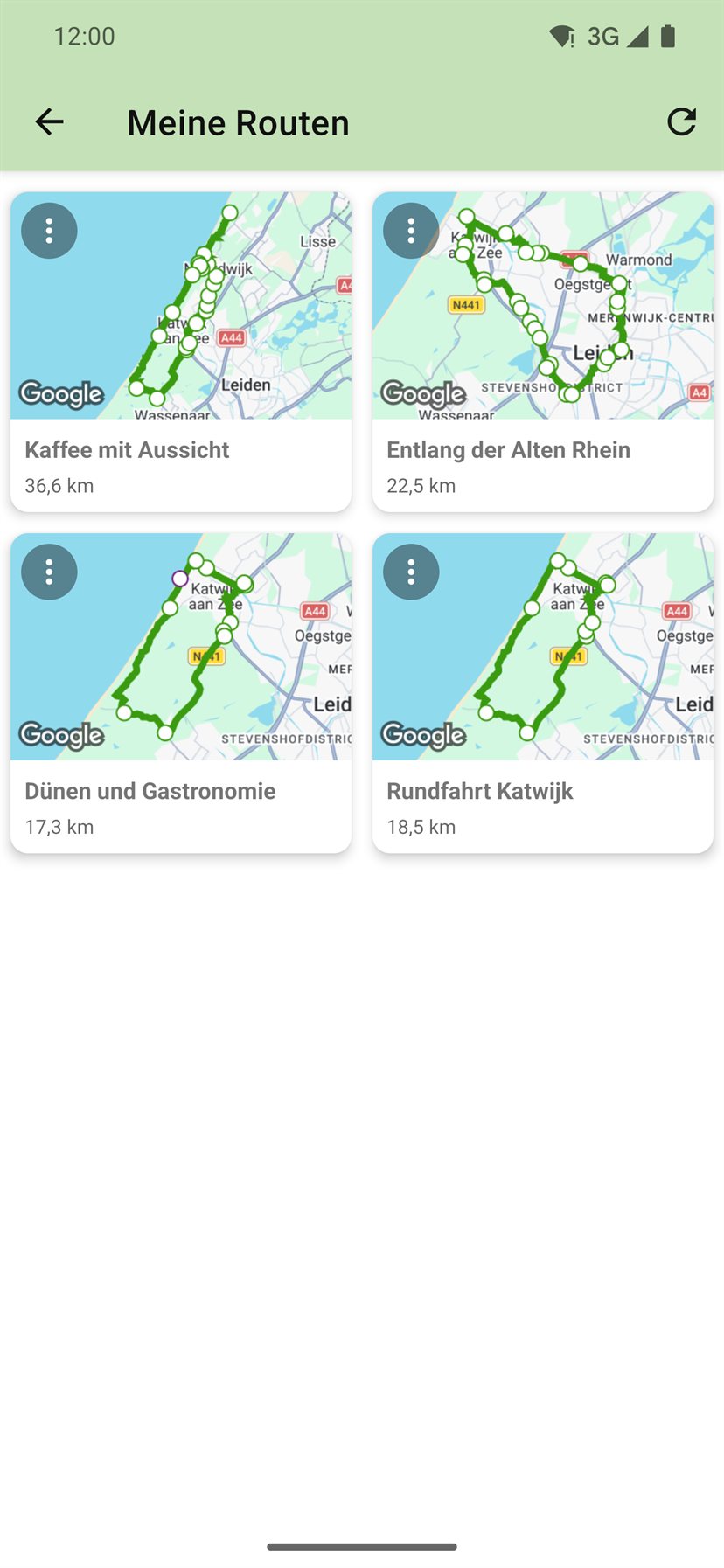 Meine Routen: eigene gespeicherte Routen als Kacheln