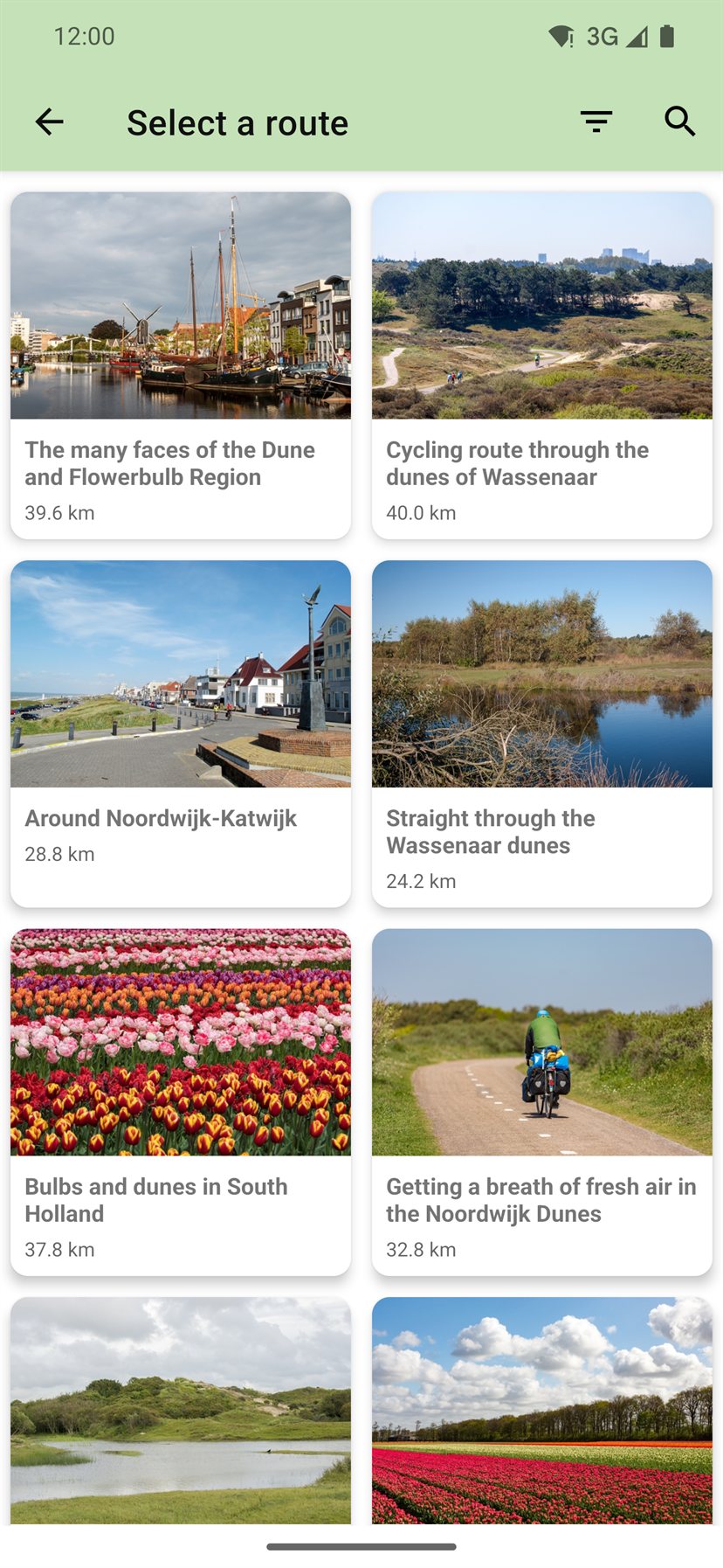 Overview of ready-made routes as tiles with photos