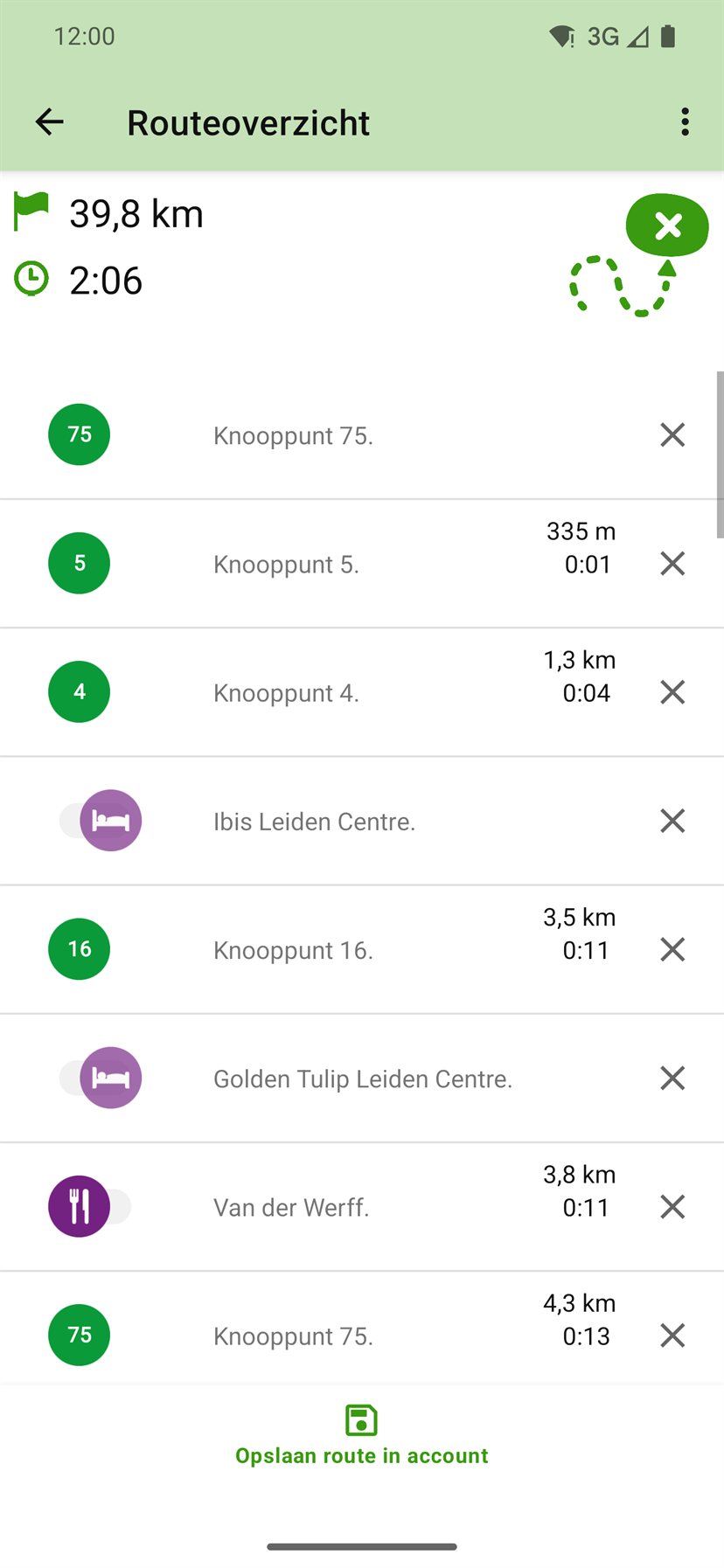 Routeoverzicht met knooppunten en toegevoegde stopplaatsen