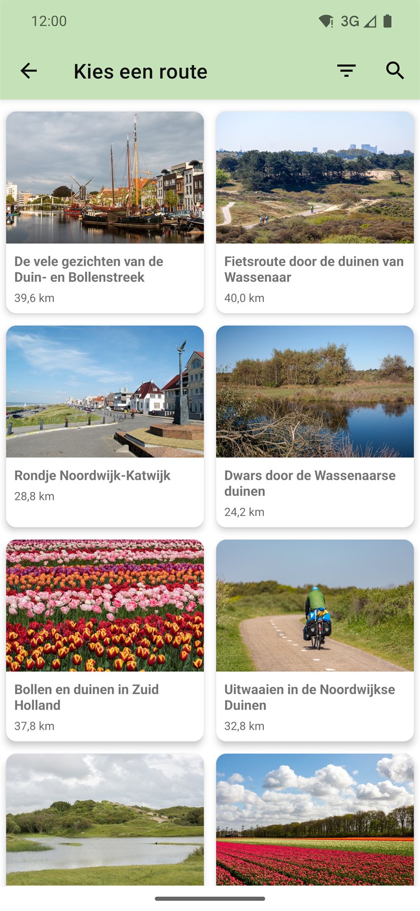 Overzicht van kant-en-klare routes als tegels met foto